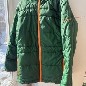 Columbia Forest Green Jacket with Vibrant Orange Trim